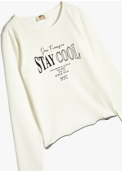 T-Shirt Slogan Baskılı Uzun Kollu Bisiklet Yaka Ribanalı Pamuklu modelleri