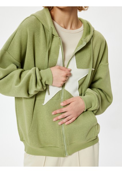 Oversize Fermuarlı Sweatshirt Kapüşonlu Yıldız Işlemeli Cep Detaylı Şardonlu