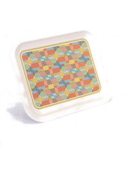 Etnik Desenli 233x307 mm Dikdörtgen Metal Dekoratif Sunum Tepsisi - Krem