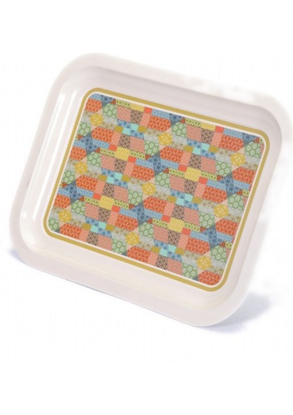 Etnik Desenli 233x307 mm Dikdörtgen Metal Dekoratif Sunum Tepsisi - Krem