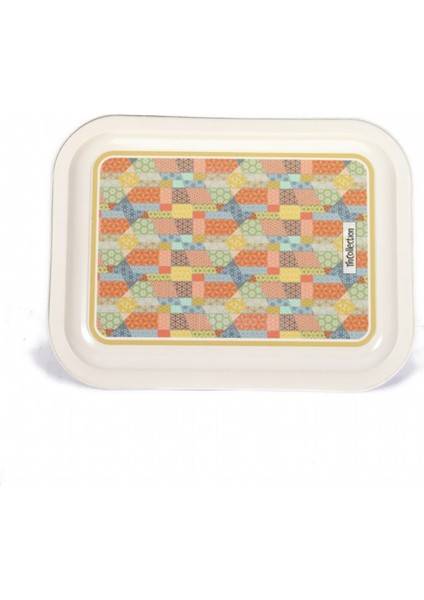 Etnik Desenli 233x307 mm Dikdörtgen Metal Dekoratif Sunum Tepsisi - Krem