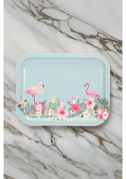 Flamingo Desenli 233x307 mm Dikdörtgen Metal Dekoratif Sunum Tepsisi - Çok Renkli