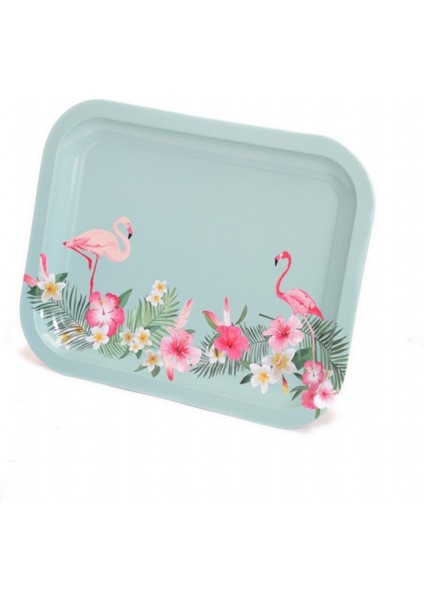 Flamingo Desenli 233x307 mm Dikdörtgen Metal Dekoratif Sunum Tepsisi - Çok Renkli
