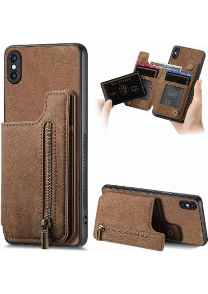 IPhone Xs Max Katlanabilir Arka Kapak Vintage Fermuar Cüzdan Standı (Yurt Dışından)