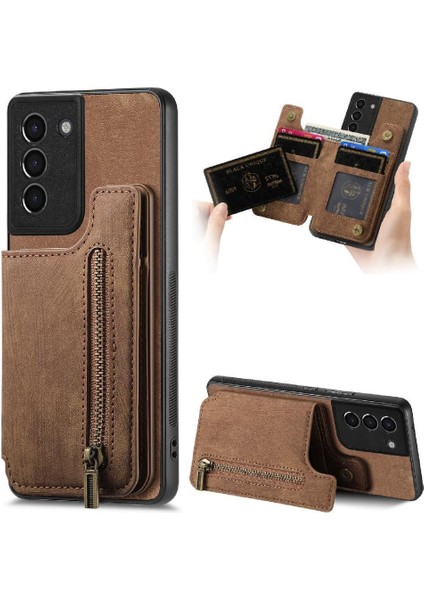 Samsung Galaxy S21 Vintage Fermuar Cüzdan Standı Fonksiyonu Için Kılıf Katlanabilir (Yurt Dışından)