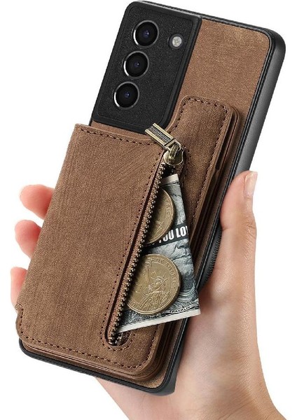 Samsung Galaxy S21 Vintage Fermuar Cüzdan Standı Fonksiyonu Için Kılıf Katlanabilir (Yurt Dışından)