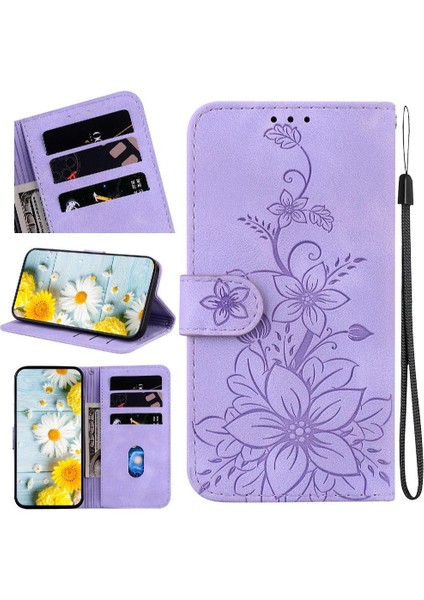 IPhone 16 Için Flip Case Kickstand Manyetik Cüzdan Kart Tutucu Kabartmalı Zambak (Yurt Dışından)