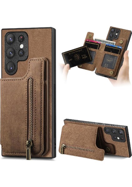 Samsung Galaxy S23 Ultra Standı Fonksiyonu Vintage Fermuar Cüzdan (Yurt Dışından)