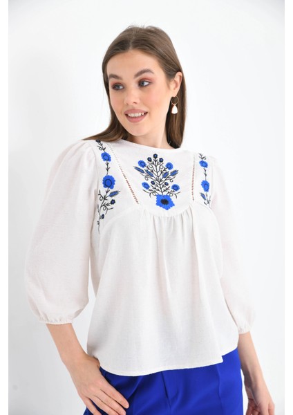 Kadın Kemik Bisiklet Yaka Balon Kol Nakışlı Aerobin Dokuma Bluz fiyatları