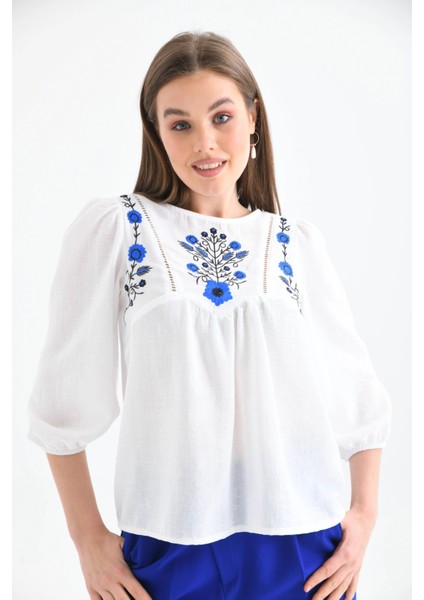 Kadın Kemik Bisiklet Yaka Balon Kol Nakışlı Aerobin Dokuma Bluz modelleri