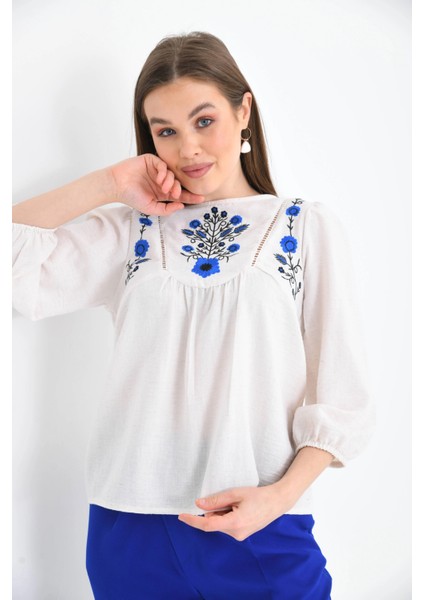 Kadın Kemik Bisiklet Yaka Balon Kol Nakışlı Aerobin Dokuma Bluz fırsatları