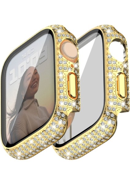 Apple Watch 7 41MM Uyumlu Zore Watch Gard 24 Kenarları Taşlı Sert Pc Kasa ve Ekran Koruyucu, Gold