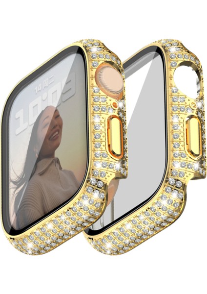 Apple Watch 7 45MM Uyumlu Zore Watch Gard 24 Kenarları Taşlı Sert Pc Kasa ve Ekran Koruyucu, Gold