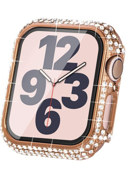 Apple Watch 7 45MM Uyumlu Zore Watch Gard 24 Kenarları Taşlı Sert Pc Kasa ve Ekran Koruyucu, Rose Gold