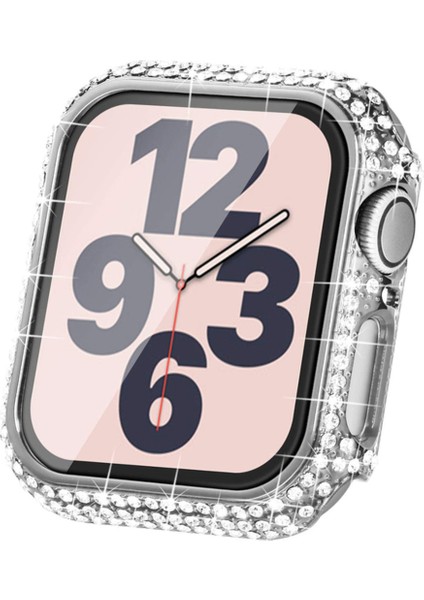 Apple Watch 7 45MM Uyumlu Zore Watch Gard 24 Kenarları Taşlı Sert Pc Kasa ve Ekran Koruyucu, Gümüş