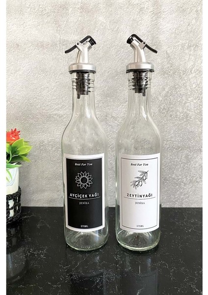Şeffaf Cam 375 ml Şişe Etiketli Akıtıcılı Yağlık Yağdanlık Set