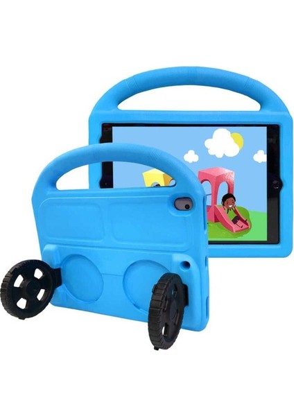 Apple iPad 10.2 (8.nesil) Uyumlu Zore Wheel Car Tekerlek Standlı Tablet Eva Silikon Kılıf, Mavi