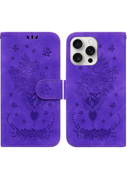IPhone 16 Için Kılıf Pro Kart Yuvaları Flip Pu Deri Kapak Kabartma Gül Cüzdan (Yurt Dışından)