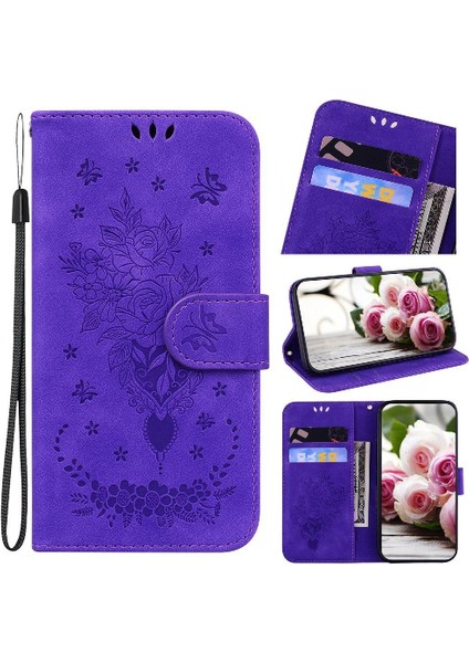 IPhone 16 Için Kılıf Pro Kart Yuvaları Flip Pu Deri Kapak Kabartma Gül Cüzdan (Yurt Dışından)