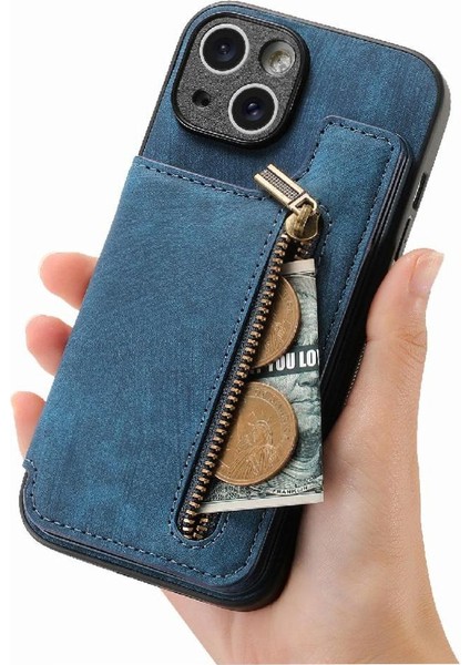IPhone 15 Için Kılıf Artı Standı Fonksiyonu Vintage Fermuar Cüzdan Katlanabilir Geri (Yurt Dışından)