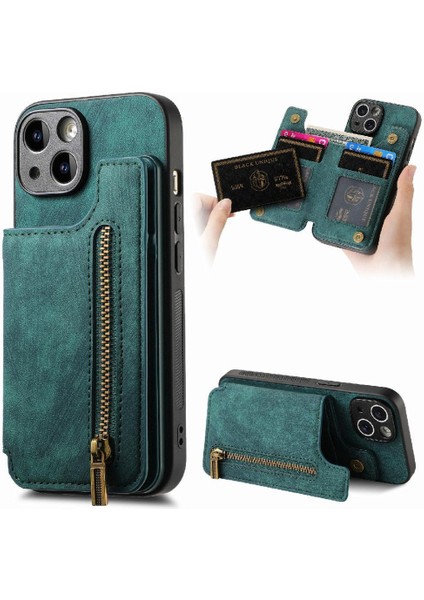 IPhone 15 Için Kılıf Artı Standı Fonksiyonu Vintage Fermuar Cüzdan Katlanabilir Geri (Yurt Dışından)