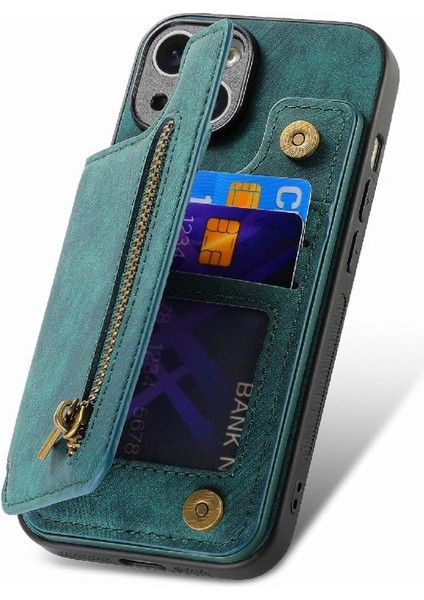 IPhone 15 Için Kılıf Artı Standı Fonksiyonu Vintage Fermuar Cüzdan Katlanabilir Geri (Yurt Dışından)