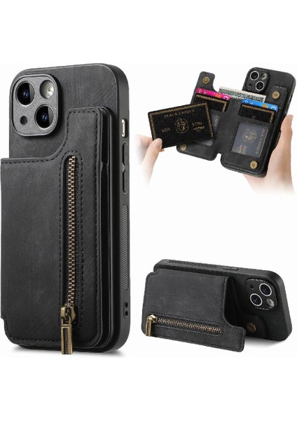 IPhone 15 Için Kılıf Artı Standı Fonksiyonu Vintage Fermuar Cüzdan Katlanabilir Geri (Yurt Dışından)