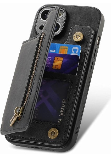 IPhone 15 Için Kılıf Artı Standı Fonksiyonu Vintage Fermuar Cüzdan Katlanabilir Geri (Yurt Dışından)