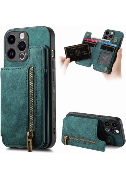 IPhone 15 Için Kılıf Pro Max Vintage Fermuar Cüzdan Standı Fonksiyonu Katlanabilir (Yurt Dışından)