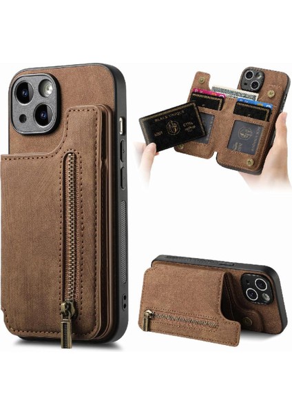 IPhone 15 Için Kılıf Artı Standı Fonksiyonu Vintage Fermuar Cüzdan Katlanabilir Geri (Yurt Dışından)