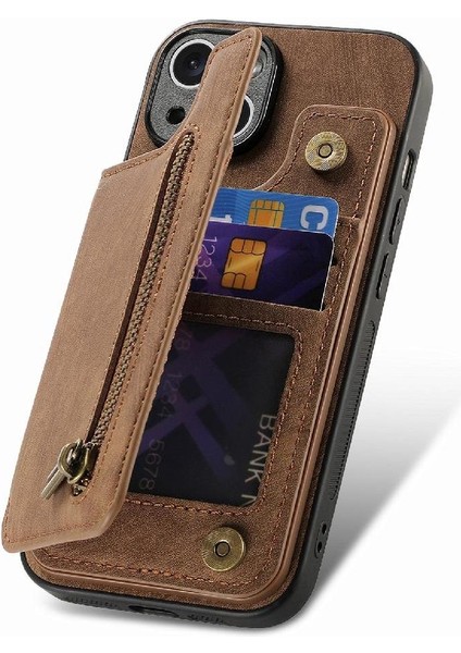 IPhone 15 Için Kılıf Artı Standı Fonksiyonu Vintage Fermuar Cüzdan Katlanabilir Geri (Yurt Dışından)