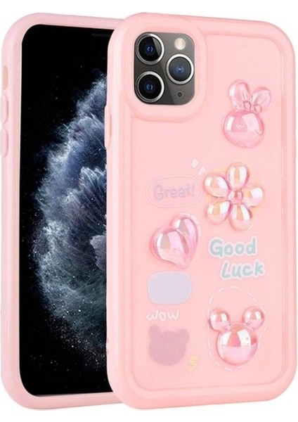 Apple iPhone 11 Pro Max Uyumlu Kılıf Kabartma Figürlü Parlak Zore Toys Silikon Kapak, Pembe