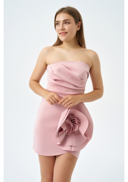 Skuba Kumaş Mini Boy Gül Detaylı Straplez Abiye Elbise