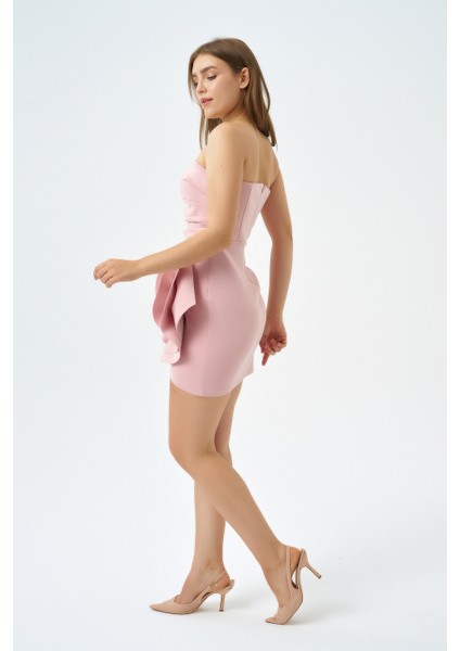 Skuba Kumaş Mini Boy Gül Detaylı Straplez Abiye Elbise fiyatları