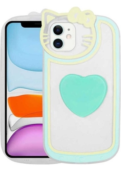 Apple iPhone 11 Uyumlu Kılıf Kedi Figürlü Transparan Pop Soketli Ritmik Kapak, Turkuaz