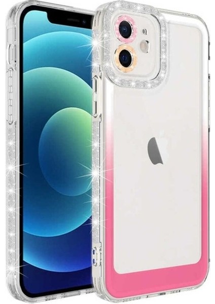 Apple iPhone 11 Uyumlu Kılıf Simli ve Renk Geçiş Tasarımlı Lens Korumalı Zore Park Kapak, Beyaz-Pembe