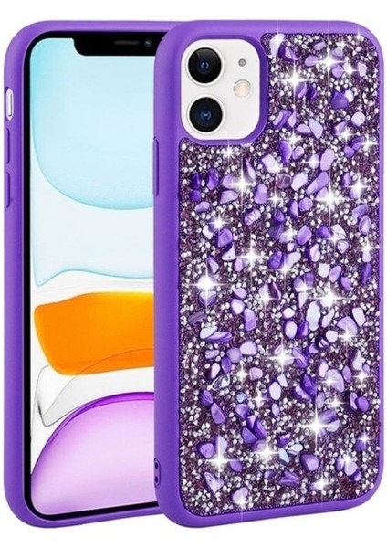 Apple iPhone 11 Uyumlu Kılıf Parlak Taşlı Tasarım Linea Kapak, Mor