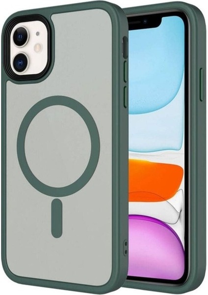 Apple iPhone 11 Uyumlu Kılıf Mat Arka Yüzey Wireless Şarj Özellikli Flet Magsafe Kapak, Koyu Yeşil
