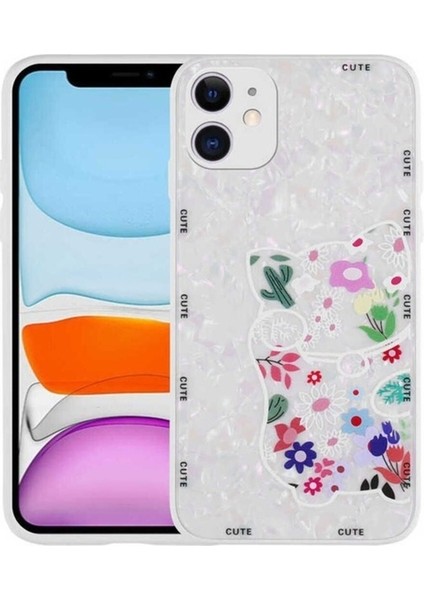 Apple iPhone 11 Uyumlu Kılıf Desenli Sert Silikon Mumila Kapak, White Cat