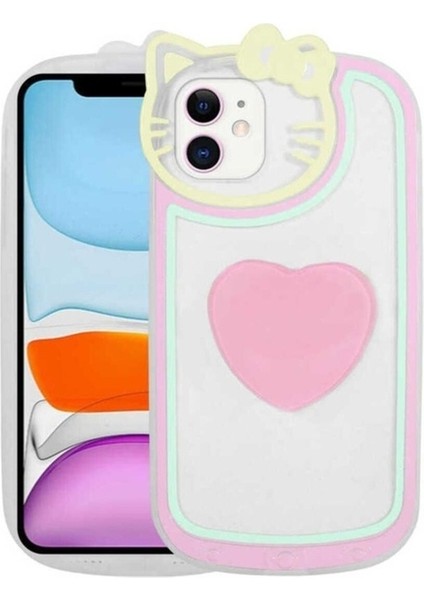 Apple iPhone 11 Uyumlu Kılıf Kedi Figürlü Transparan Pop Soketli Ritmik Kapak, Pembe