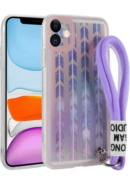 Apple iPhone 11 Uyumlu Kılıf Desenli El Askılı Ipli Astana Silikon Kapak, Şerit