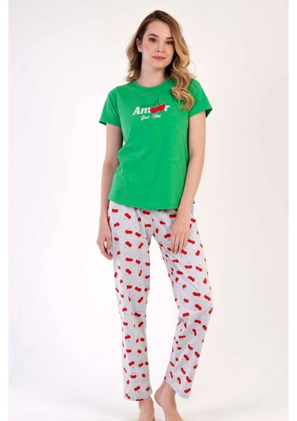 Kadın Yeşil Gri Kısa Kollu Desenli Bisiklet Yaka Oval Etek Süprem Pijama Takımı