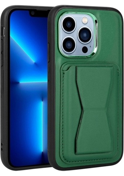 Apple iPhone 12 Pro Max Uyumlu Kılıf Kartlıklı Standlı Pu Deri Zore Memo Kapak, Koyu Yeşil