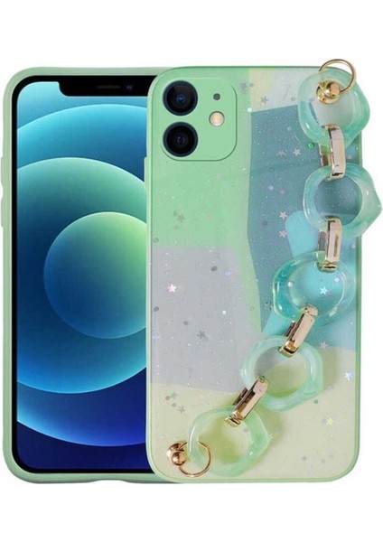 Apple iPhone 11 Uyumlu Kılıf Simli Desenli El Askılı Tutacaklı Elsa Silikon Kapak, Yeşil