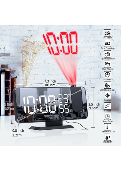 Beyaz 1 Takım Çalar Saat Yatak Odası Için Tavana Projeksiyonlu USB Döndürülebilir Büyük Ayna LED Ekranlı Dijital Çalar Saat (Yurt Dışından)