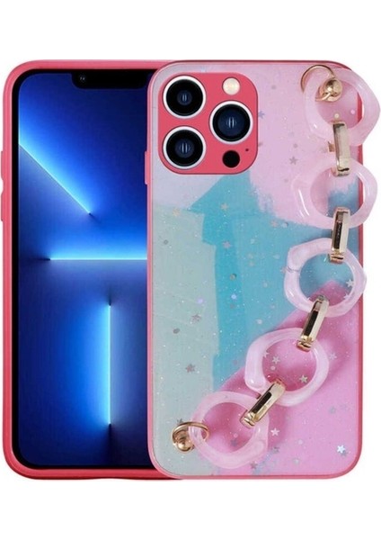 Apple iPhone 12 Pro Max Uyumlu Kılıf Simli Desenli El Askılı Tutacaklı Zore Elsa Silikon Kapak, Pembe Koyu