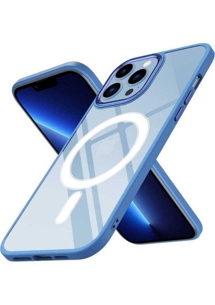 Apple iPhone 12 Pro Max Uyumlu Kılıf Wireless Şarj Özellikli Zore Krom Magsafe Silikon Kapak, Mavi