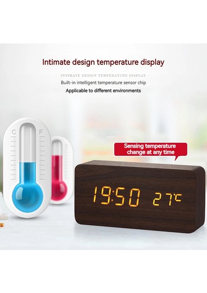 Yatak Odaları Için Küçük Kahverengi Ahşap Kare LED Akıllı Alarm Saatleri, Sıcaklıklı Dijital Başucu Saati, Ses Kontrolü, Masaüstü Saati (Yurt Dışından) modelleri