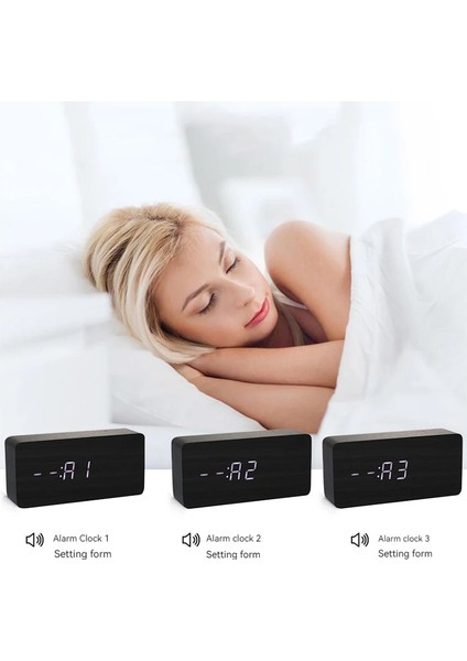 Yatak Odaları Için Küçük Kahverengi Ahşap Kare LED Akıllı Alarm Saatleri, Sıcaklıklı Dijital Başucu Saati, Ses Kontrolü, Masaüstü Saati (Yurt Dışından) indirimleri