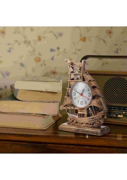 Altın Saat Alarmı Yelkenli Masa Eski Masa Retro Modeli Süs Saatleri Denizcilik Figürü Tekne Başucu Sessiz Dekorasyon Masaüstü Duvar (Yurt Dışından)